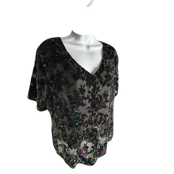 Burnout Velvet Vintage 90s Short Sleeve Button Front Blouse - Picture 4 of 10